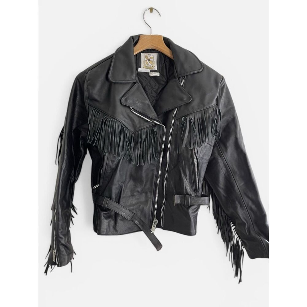 Vintage Fringed Black Leather Motorcycle Jacket biker